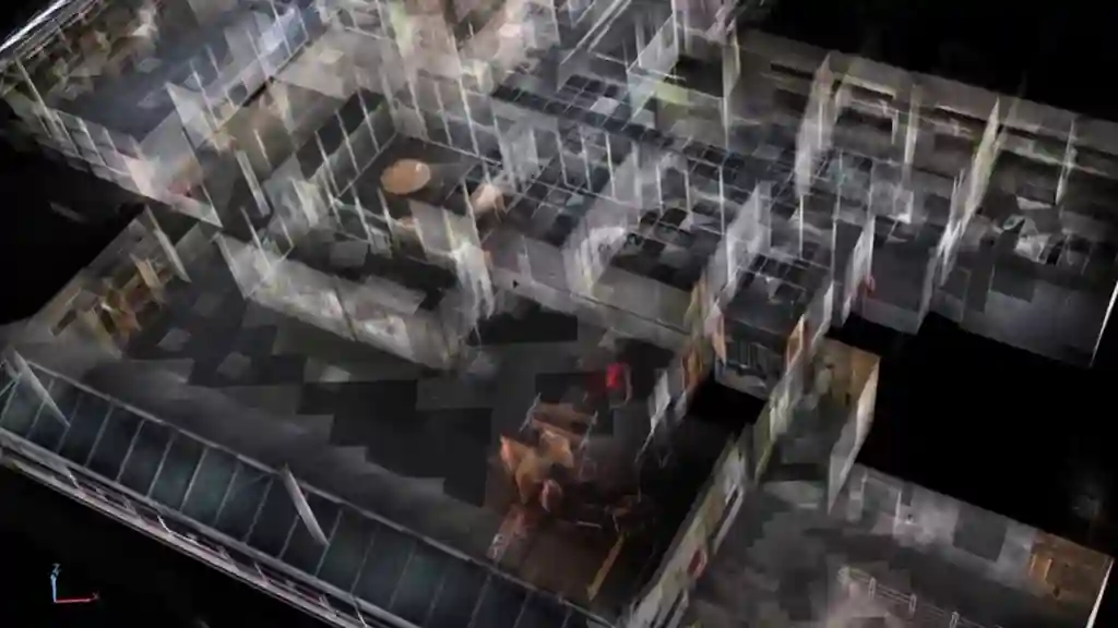 Raw registered point cloud of an occupied building interrogated in x-ray view