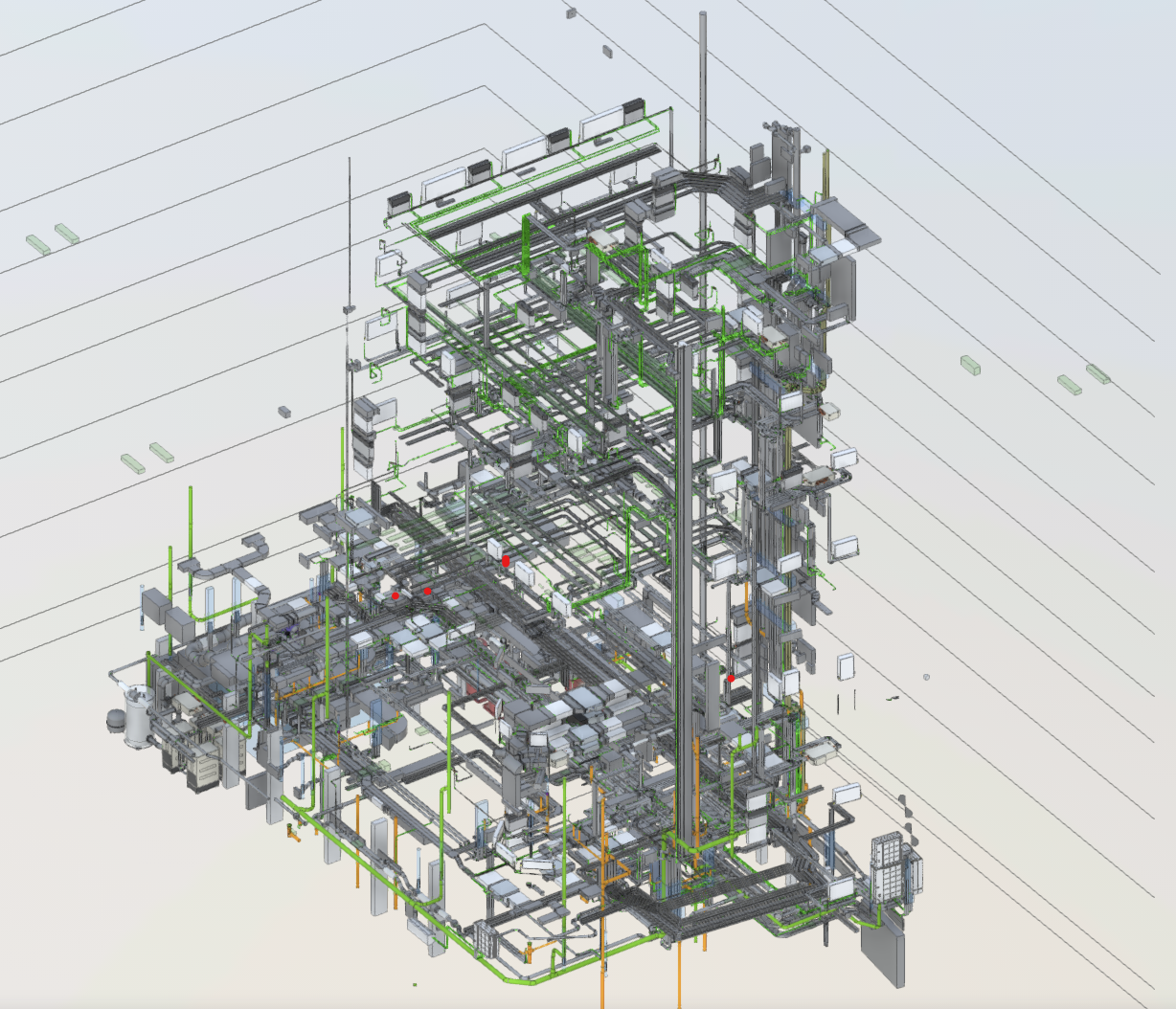 Full-height services distribution through a multi-storey building